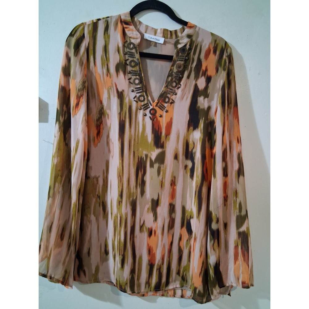 Calvin Klein Womens Abstract Print V-Neck Embellished Blouse Multicolor S
